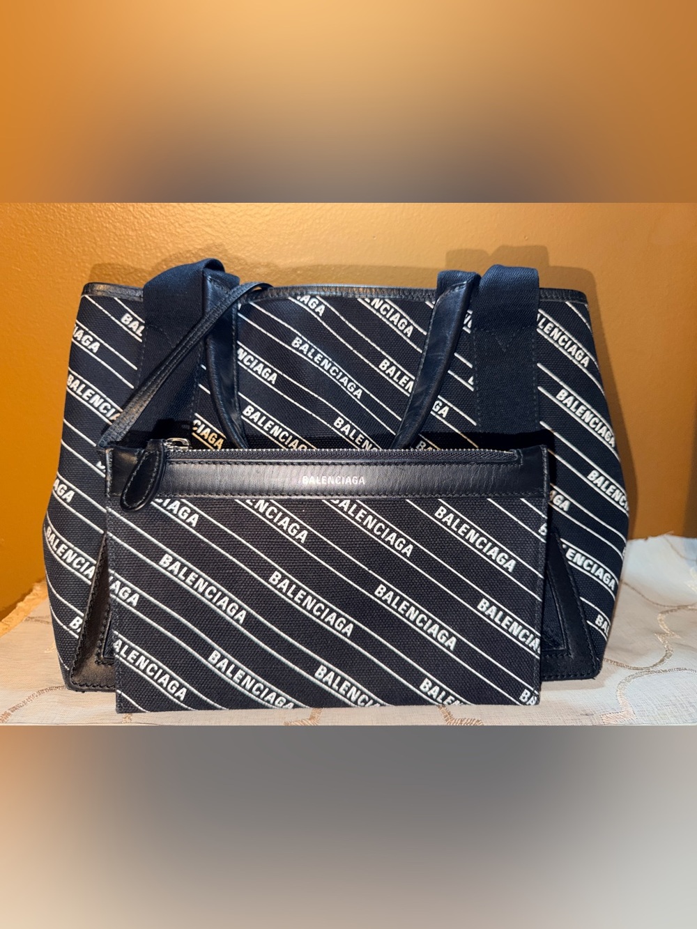 Balenciaga Black and White Cabas Tote with Pouchette